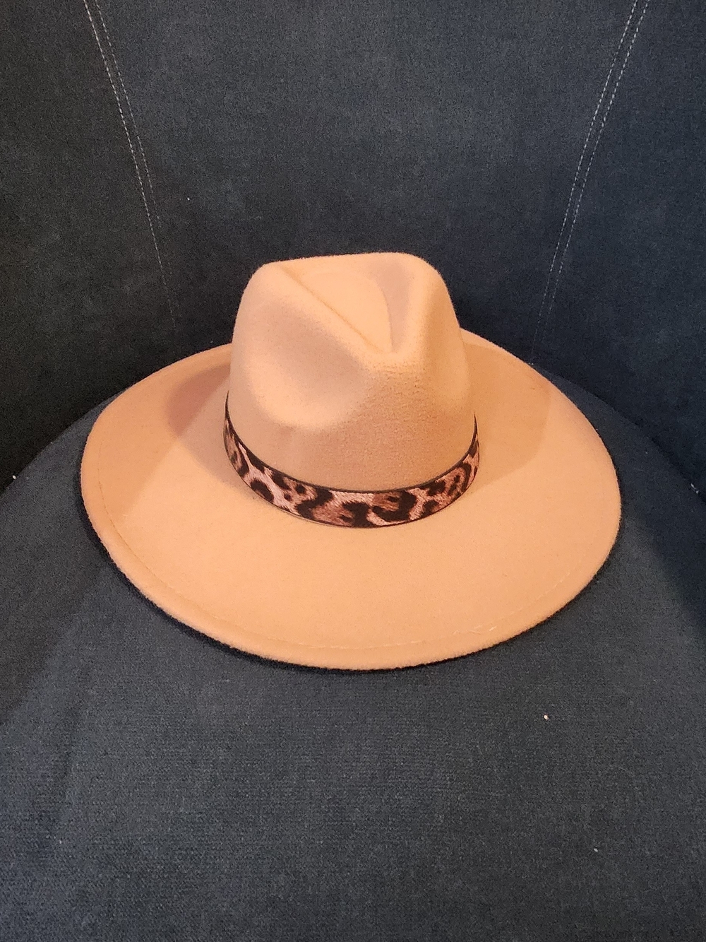 Boho Khaki Wide Brim Rancher Fedora Hat with Leopard Band